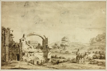 Italianate Landscape with Ruins, Woman and Donkey