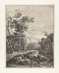 Landscape with a woman riding a mule along the Aqua Negro between Bologna and Florence - Italian landscapes (series title)