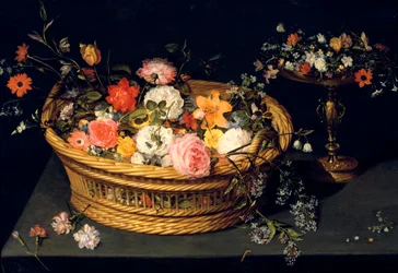 Flower Basket and Goblet in Gilded Silver, Still Life