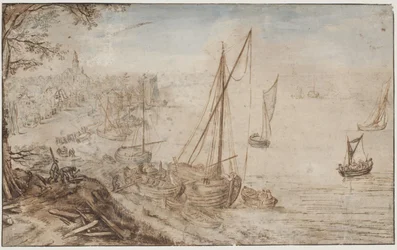 River Landscape. In the foreground, a boat being loaded and men cutting planks