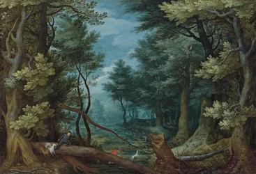 A Forest Landscape with Hunters Giving Chase to a Stag
