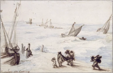 Beach with Sailboats and Stormy Sea