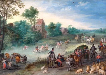 Travellers on a Country Road with Cattle and Pigs