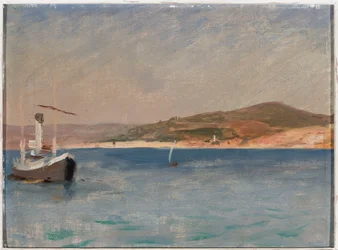 Sea with a ship by the shore. From the journey to Constantinople