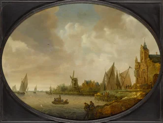 River Landscape with a Windmill, a Port Building, and Sailing Vessels