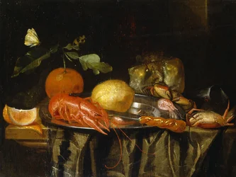 A Crayfish, Prawns and a Lemon on a Pewter Plate on a Draped Table