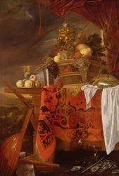A Basket of Mixed Fruit with Gilt Cup, Silver Chalice, Nautilus, Glass and Peaches on a Plate