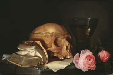 Vanitas Still Life with a Skull, a Book and Roses