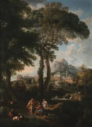 A classical river landscape with figures greeting one another on a road in the foreground, a view of a city in the distance