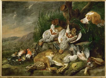 Hares and Fowl Watched by a Dog