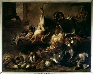Spread of Game in a Guard Eating with a Cat and Two Monkeys