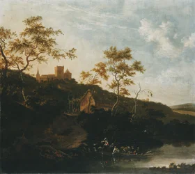 A River Landscape with a Gentleman on Horseback and Peasants in a Ferry