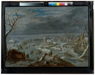 Winter Landscape With Ice Skaters On A Frozen Pond By A Village