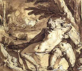 Nude couple seated, embracing by a tree