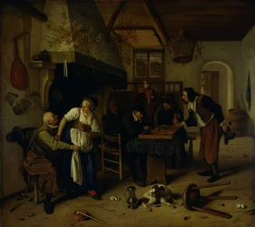 Interior of an Inn with an Old Man Amusing Himself with the Landlady and Two Men Playing Backgammon