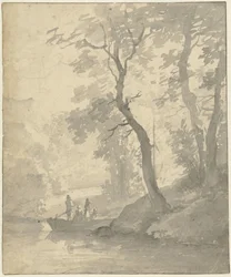 Trees by Water with a Boat and Occupants