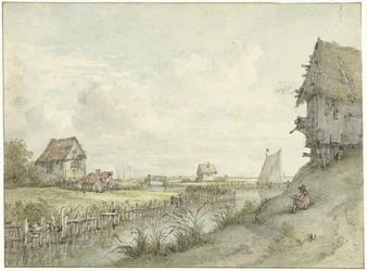 River Landscape with Sketching Artist Among Huts
