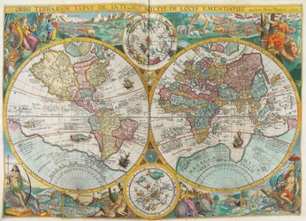 Itinerarium. World map with costumes, natives, ships, plants and animals
