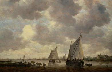 A Canal in Holland, or Two Large Sailing Ships and Cattle Near a River