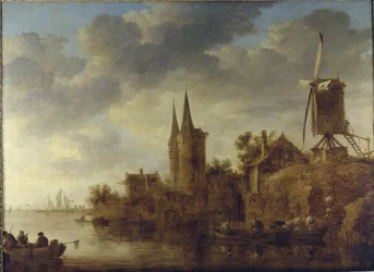 A river landscape with a capriccio of the Oostport, Delft, c.1644