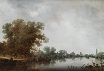 A river scene with a ferry boat leaving on the left bank