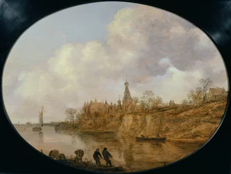 Three Fishermen Hauling a Net and Baskets on the Bank of a River Landscape with a Castle and Village in the Distance