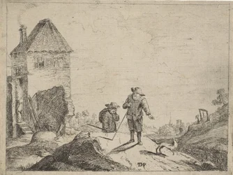 Two Farmers with a Dog on a Country Road