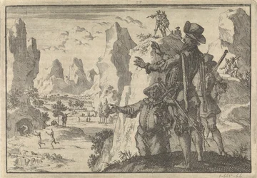 Armed Spaniards Looking Down from Rocks at Wild People, ca. 1600