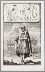 Jewish man, dressed for prayer. On the background the Portuguese Synagogue of Amsterdam