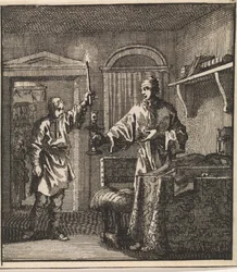 A Man Puts a Burning Candle into the Candlestick That Another Man Holds Ready for Him