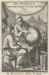 Two Men Studying a Globe (Title Page for: J. Ray, The World from Its Beginning to Its End, 1694)