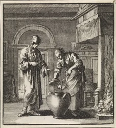 Woman puts a glowing coal in the fire-extinguishing pot