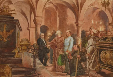 Emperor before the Sarcophagus of King John III Sobieski in the Crypt of St. Leonard in Wawel Cathedral