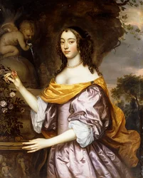 Portrait of a Lady, standing three-quarter length, wearing a Lavender Silk Dress and a Yellow Shawl