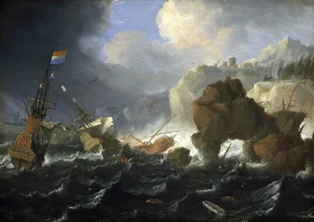 A Dutch ship and a galleon run aground on a rocky coast in the storm