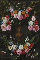 Cartouche Decorated with Swags and Sprays of Flowers