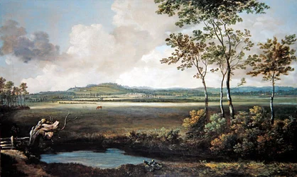 An Extensive Landscape with a Stream and Horses Grazing