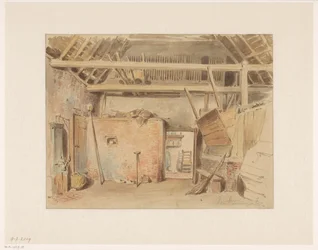 Interior of a barn with view into the kitchen