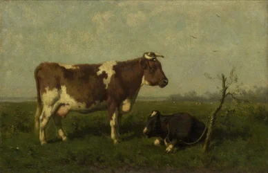A Cow with Her Calf in a Meadow