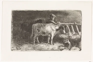 Farmer Between Two Cows by a Trough in a Stable (Small Variant)