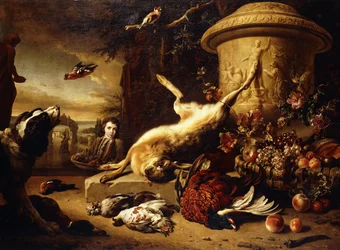 A dead Hare on a plinth by a sculpted Urn with a Basket of Fruit, a dead Pheasant, Mallard, Grouse, Jay and Chaffinch, a Dog watching a Goldfinch and a Boy bearing a Basket of Fruit in a Park