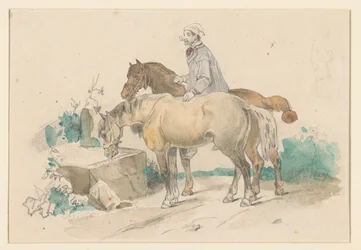Farmer with Two Horses at a Water Trough