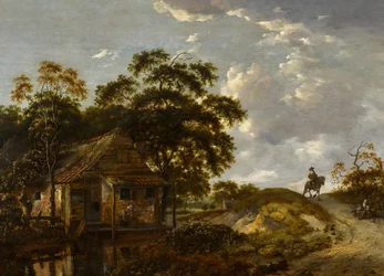 Landscape with a cottage by a river and a woman scouring a pot, a gentleman on horseback on a path