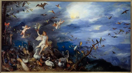Allegory of the Air. Young naked woman surrounded by all species of birds. Painting by Jan Bruegel the Elder, called Bruegel de Velours (Brueghel or Breughel)
