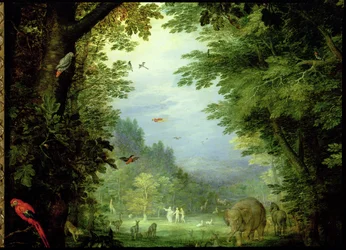 Earth or The Earthly Paradise, detail of Adam and Eve with God and other animals, 1607-08, detail of 93899