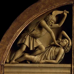The Ghent Altarpiece. Adoration of the Mystic Lamb: Cain Kills Abel