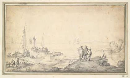 Three Figures on a Dune Overlooking Bay with Ships