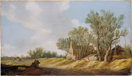 Village Street with People Resting at a Bridge