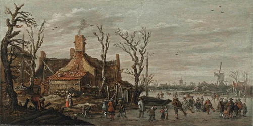 Winter Landscape with Figures on the Ice near a Cottage