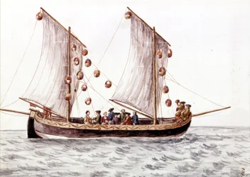 A Venetian Trabac with Lanterns, Fishing Boat Used in Shallow Waters Such as the Adriatic Sea, Watercolour Drawing and Ink from the Manuscript 